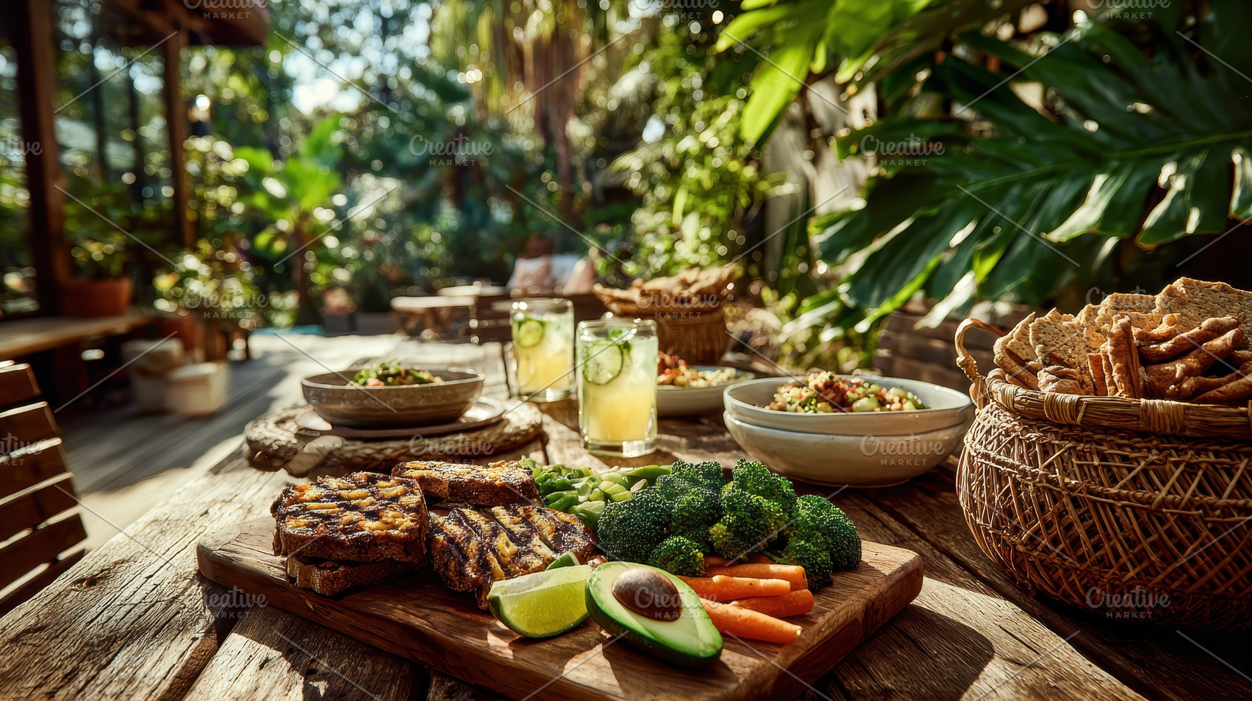 Sunny outdoor meal grilled bread veg, a Photo by Pixeness Studio