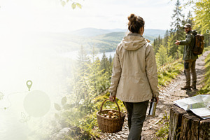 Mushroom picking scene with couple o, a Photo by Dvoevnore photos