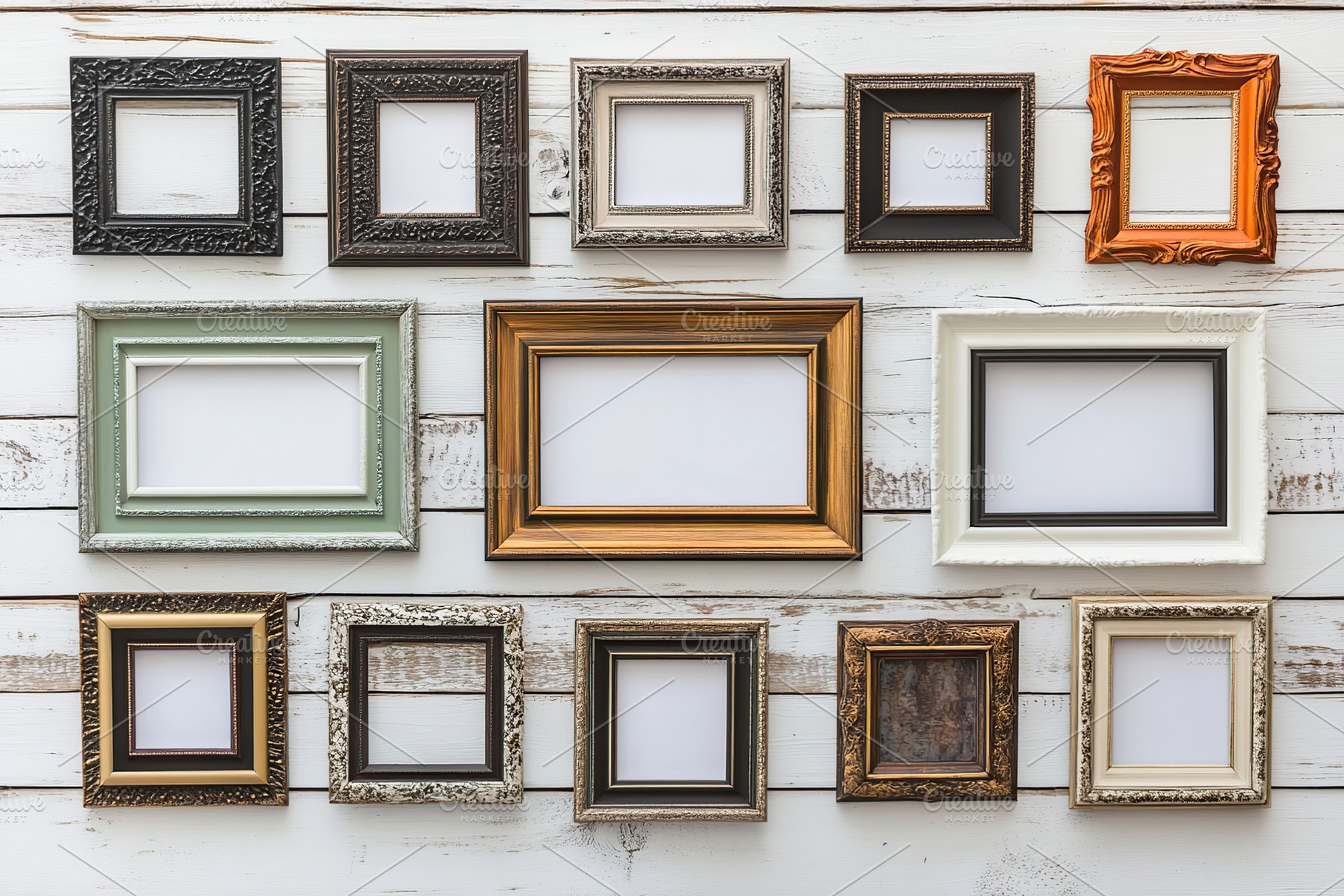 Picture photo frames on white wooden background, a Background Photo by AlyaAnd