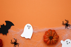 Spooky festive atmosphere. Halloween decoration pumpkins bats ghosts, a Photo by matucha