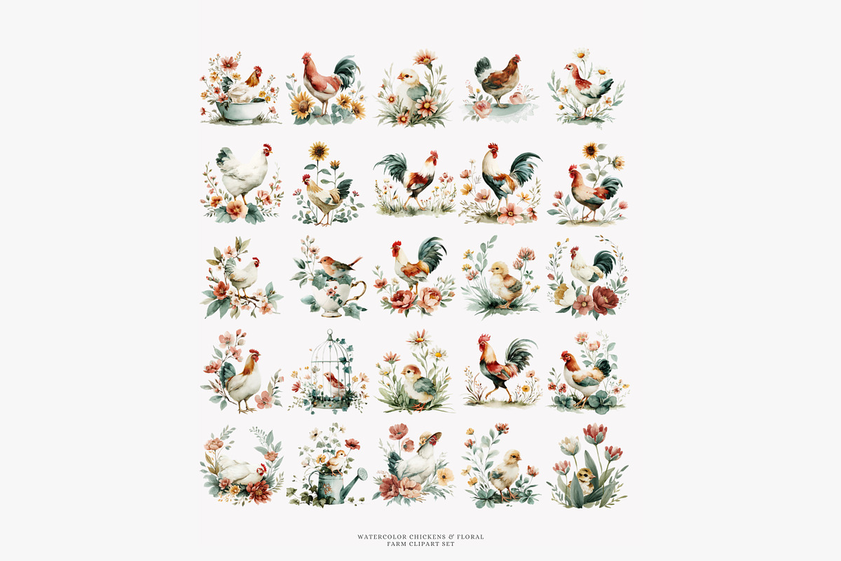 Rustic rooster and chicken watercolo, a Decorative Illustration by Patishop Art (Photo 8 of 8)