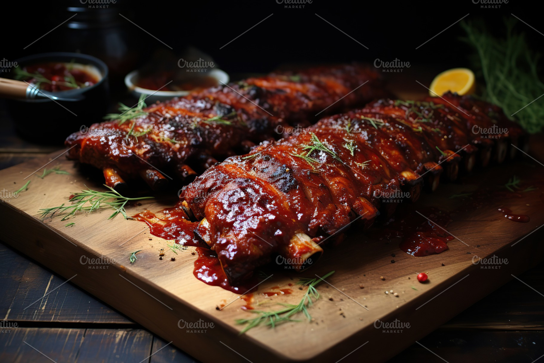 BBQ grilled ribs meat on wooden board, a Food & Drink Photo by AlyaAnd