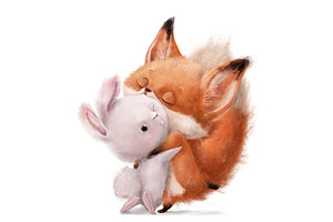 cute fox with white hare huxing