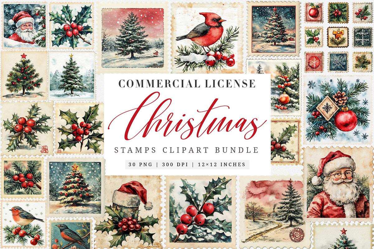 Vintage Christmas Stamps Png Bundle, an Illustration by SinaCreation (Photo 1 of 7)