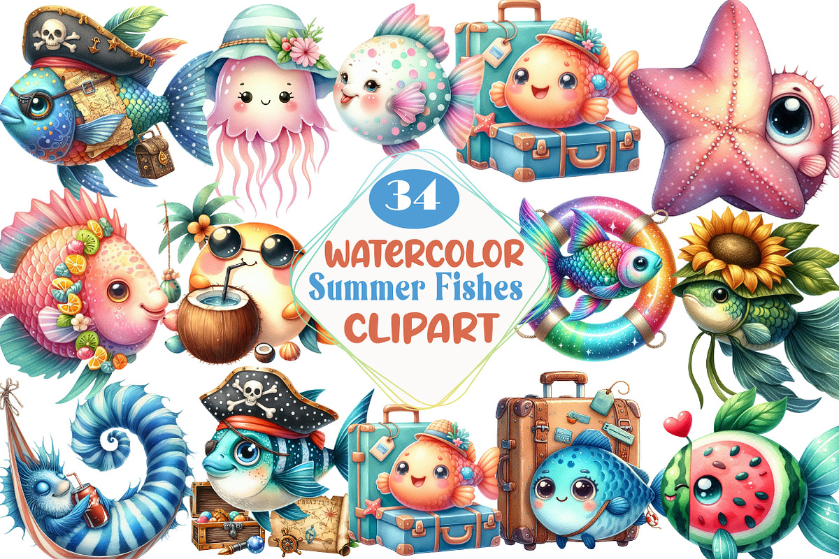 Quirky Whimsical Summer Fishes Clipa, an Illustration by DreamCafeArt (Photo 1 of 7)