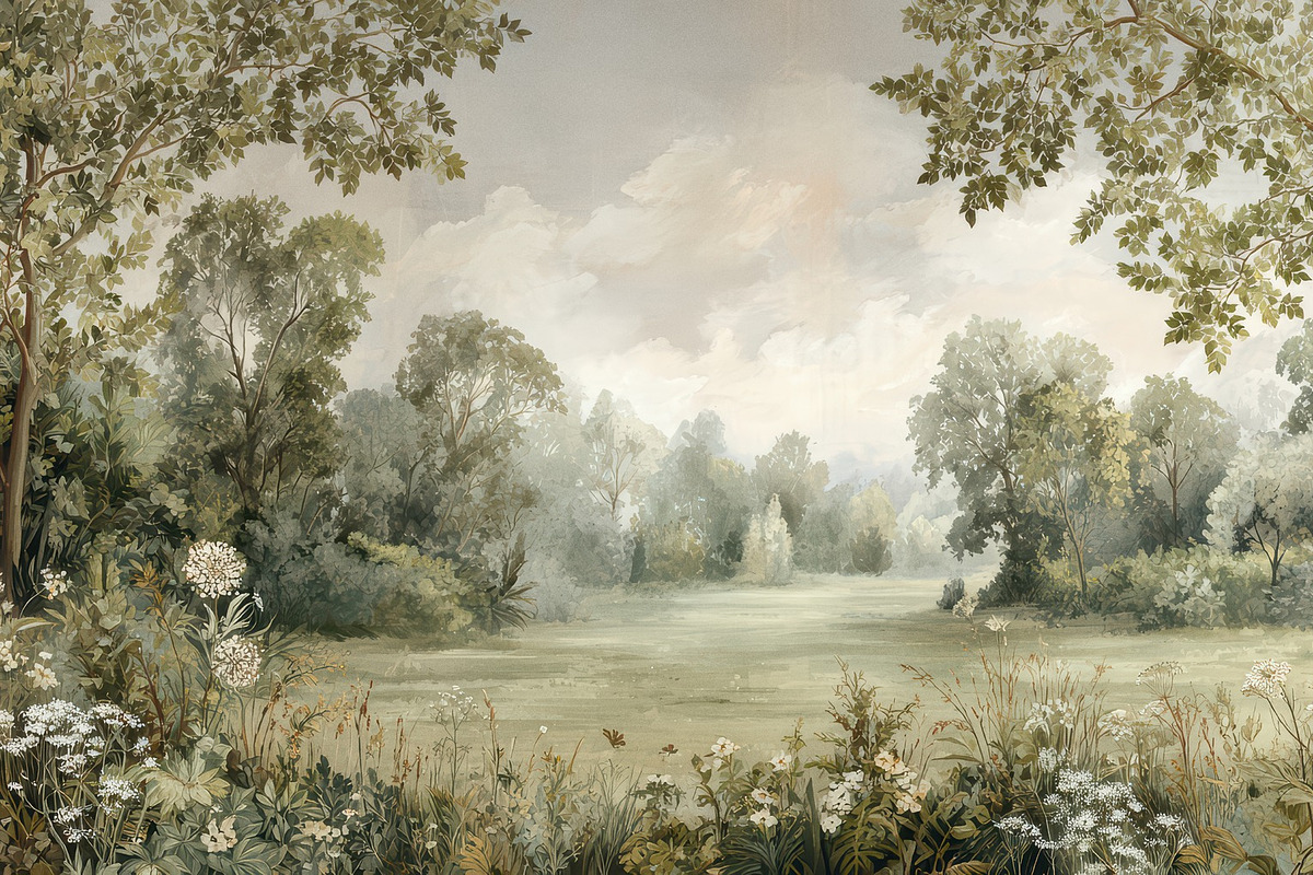 Meadow and forest trees Wallpaper, a Decorative Illustration by Virgo Studio