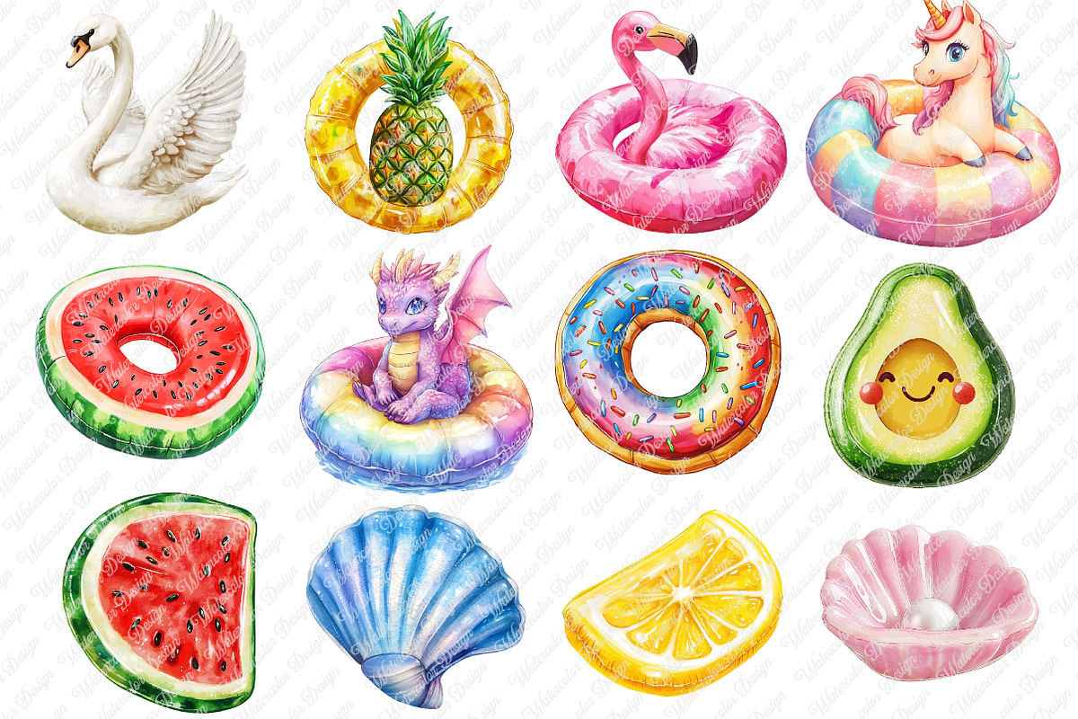 Pool Float Watercolor Clipart, an Illustration by Watercolor design (Photo 2 of 12)
