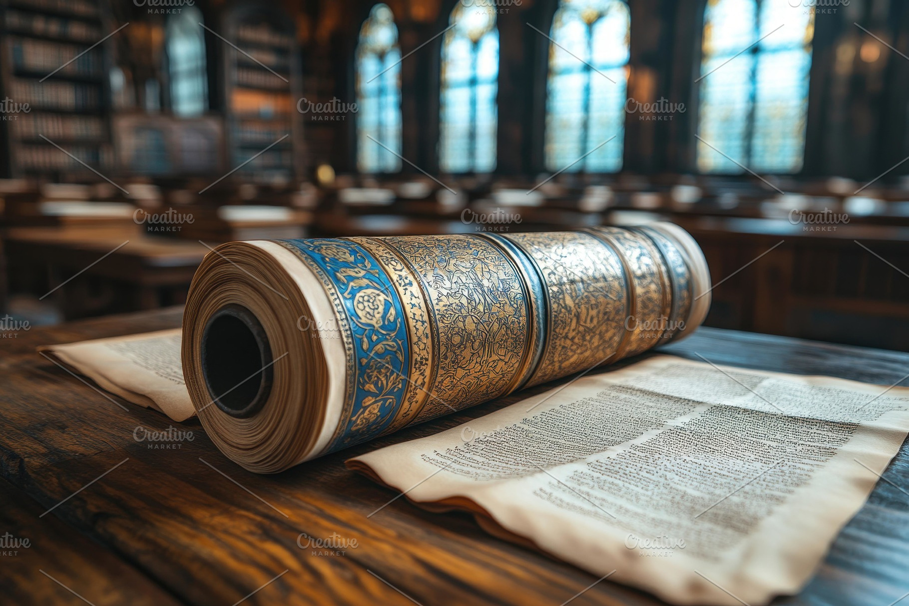 Ancient scroll displayed in a grand, a Photo by Tanuart