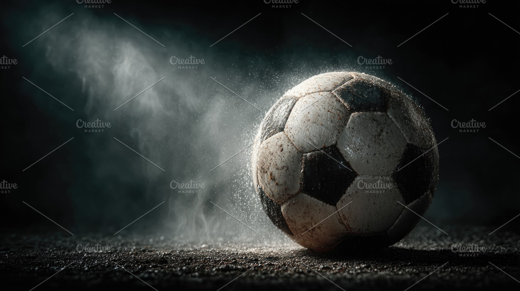 Worn soccer ball on dark wet ground with dramatic dust and spotl, a Sports & Recreation Photo by José Manuel Gelpi