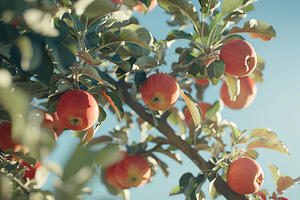 Ripe red apples hanging on branches, a Food & Drink Photo by AlyaAnd
