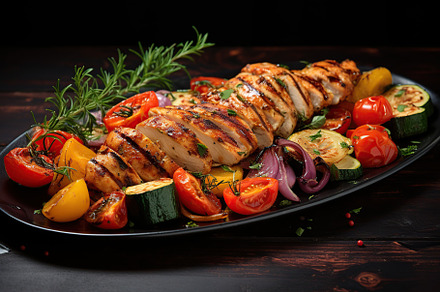 Chicken marinated fillet meat with vegetables on wooden table, a Food & Drink Photo by AlyaAnd
