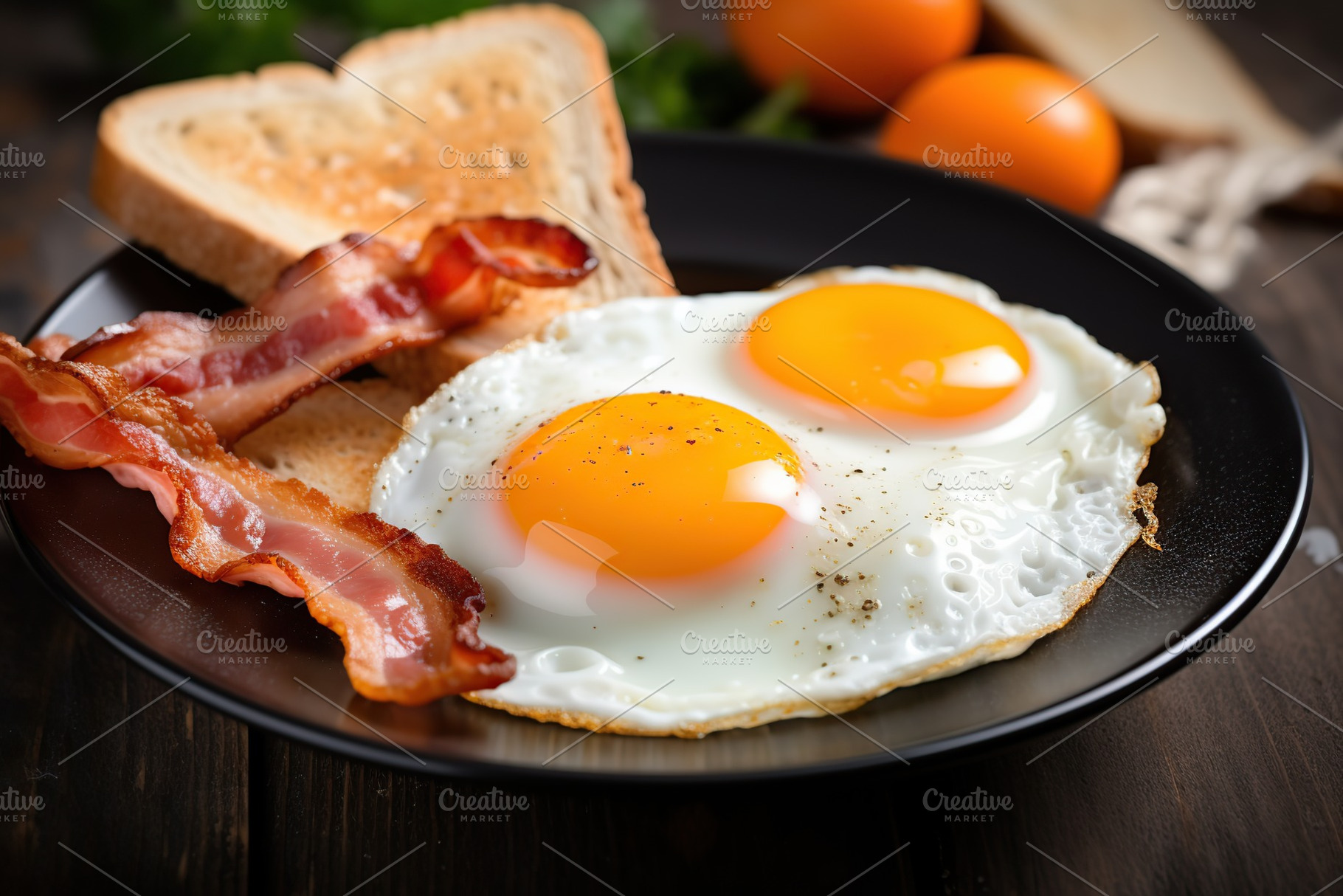 Fried eggs with toast and bacon on wooden background, a Food & Drink Photo by AlyaAnd