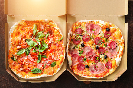 Homemade pizza. Top view with copy, a Food & Drink Photo by Enjoy Photo
