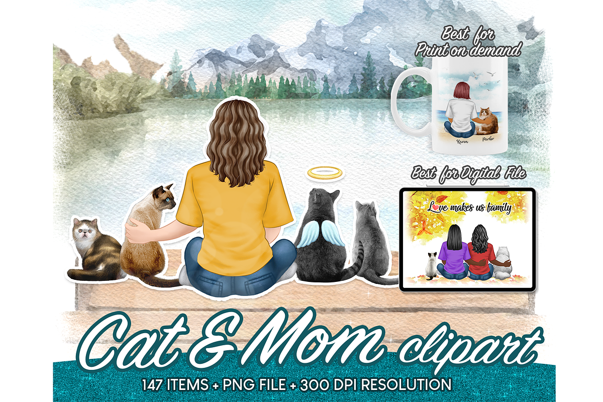 Cat Mom, Watercolor Cats Clipart PNG, a Person Illustration by Podcliparts (Photo 1 of 6)