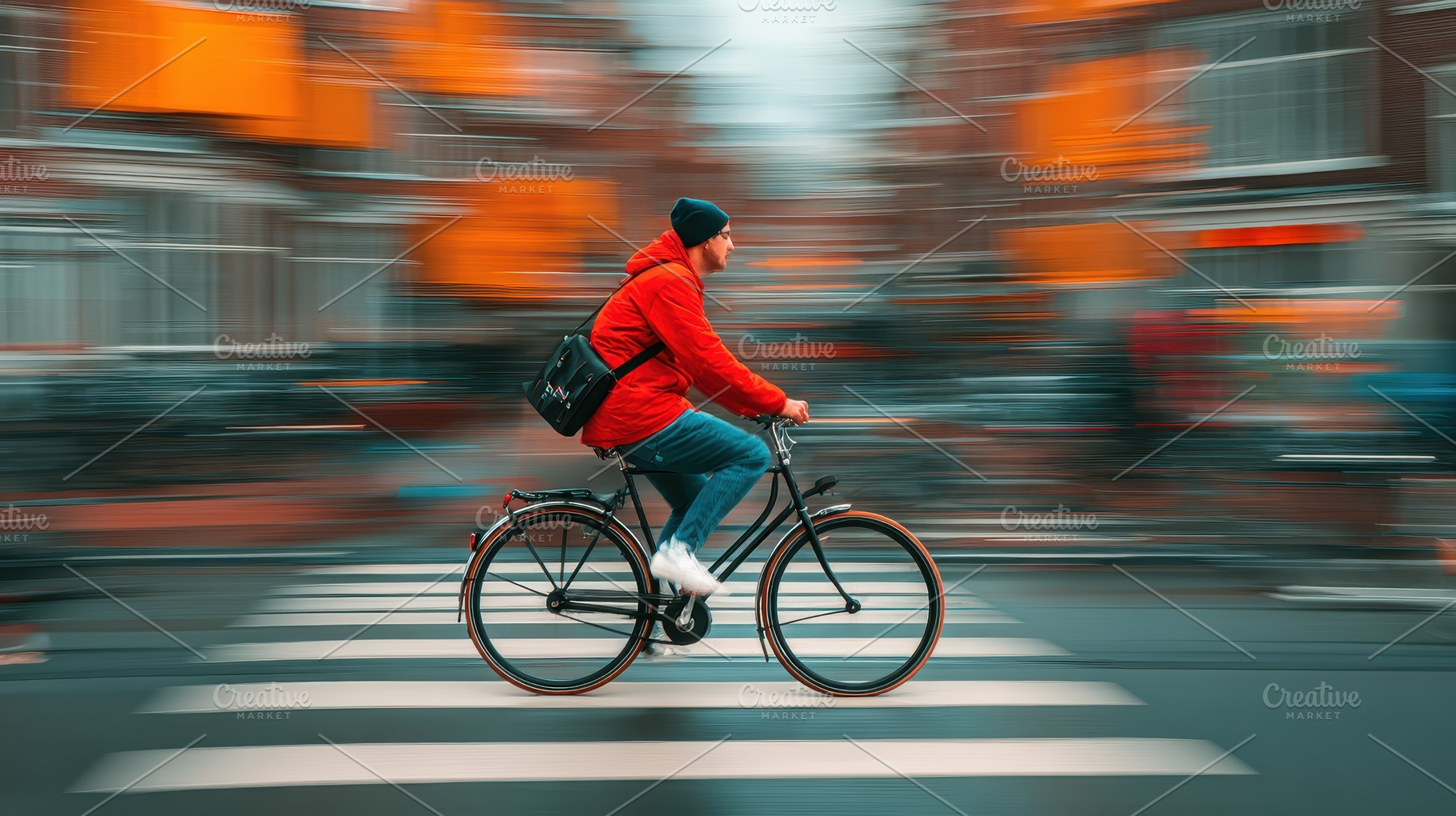 Man in red jacket biking fast city b, a Photo by Pixeness Studio