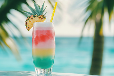 Refreshing layered cocktail with tropical flavors by the beach under a sunny sk, a Food & Drink Photo by AlyaAnd