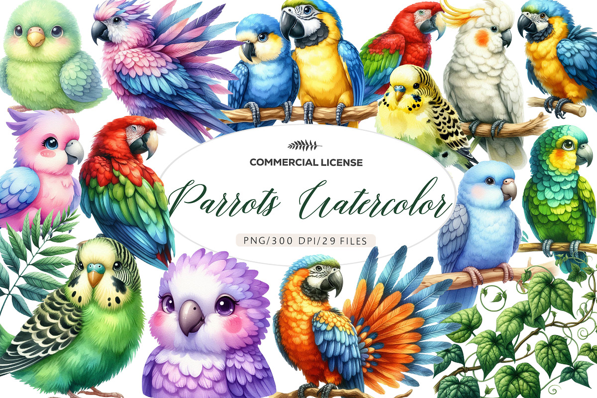 Parrots watercolor clipart,, an Illustration by CreationArt (Photo 1 of 5)