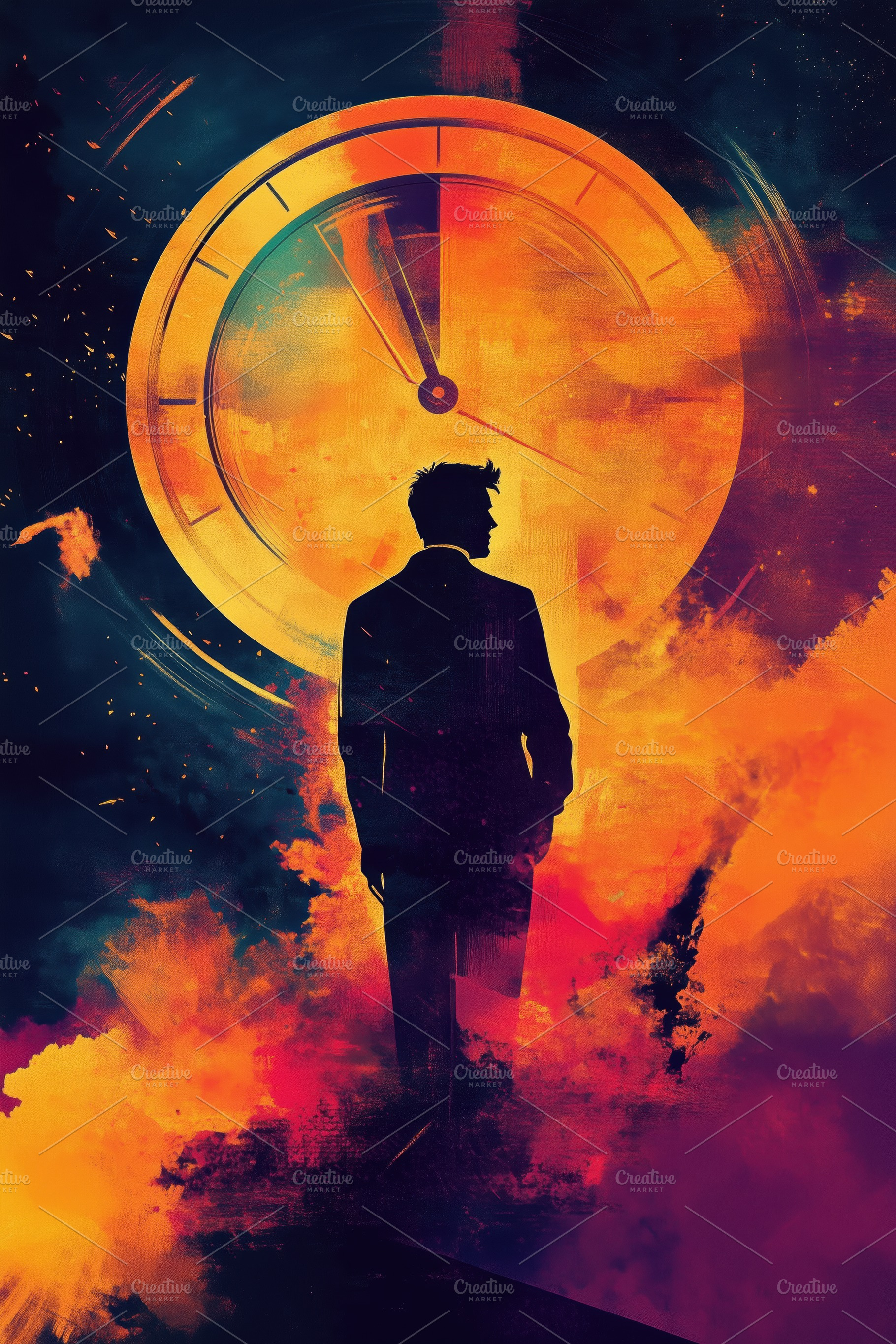 A silhouette of a man in a suit standing against a vibrant, abstract background, an Arts & Entertainment Photo by Textures & Backgrounds