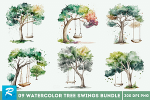 Watercolor Tree Swings Clipart Bundl