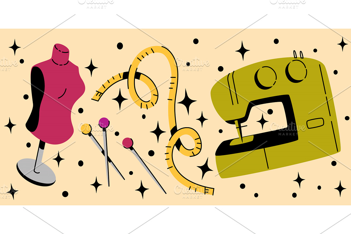 Vintage tailor equipment on yellow, an Object Illustration by art PVP - market