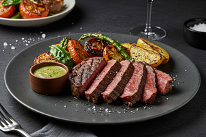 Sliced medium-rare steak served with, a Food & Drink Photo by professorinc