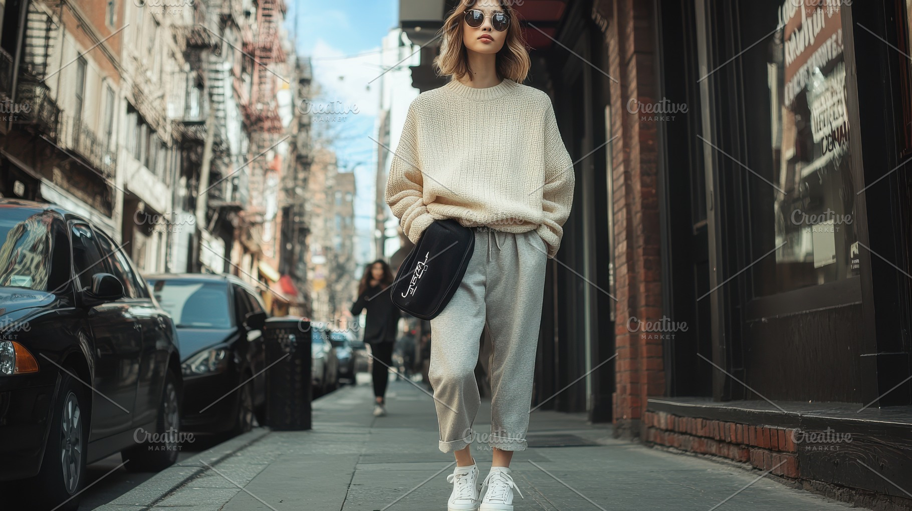 Woman in cream sweater walking city, a Photo by Pixeness Studio