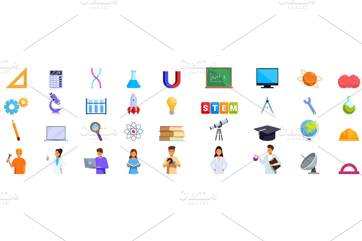 Stem education icons set. Science, an Illustration by Ylivdesign