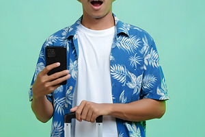 Surprised Tourist Holding Phone and, a Holiday Photo by Stock Shape