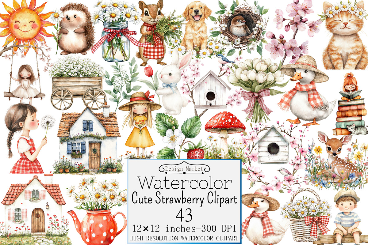 Watercolor Cute Strawberry Clipart, a Seasonal Illustration by Design Market (Photo 1 of 4)
