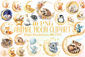 Watercolor Animal Moon Clipart Bundl, an Illustration by Sublimation Artist