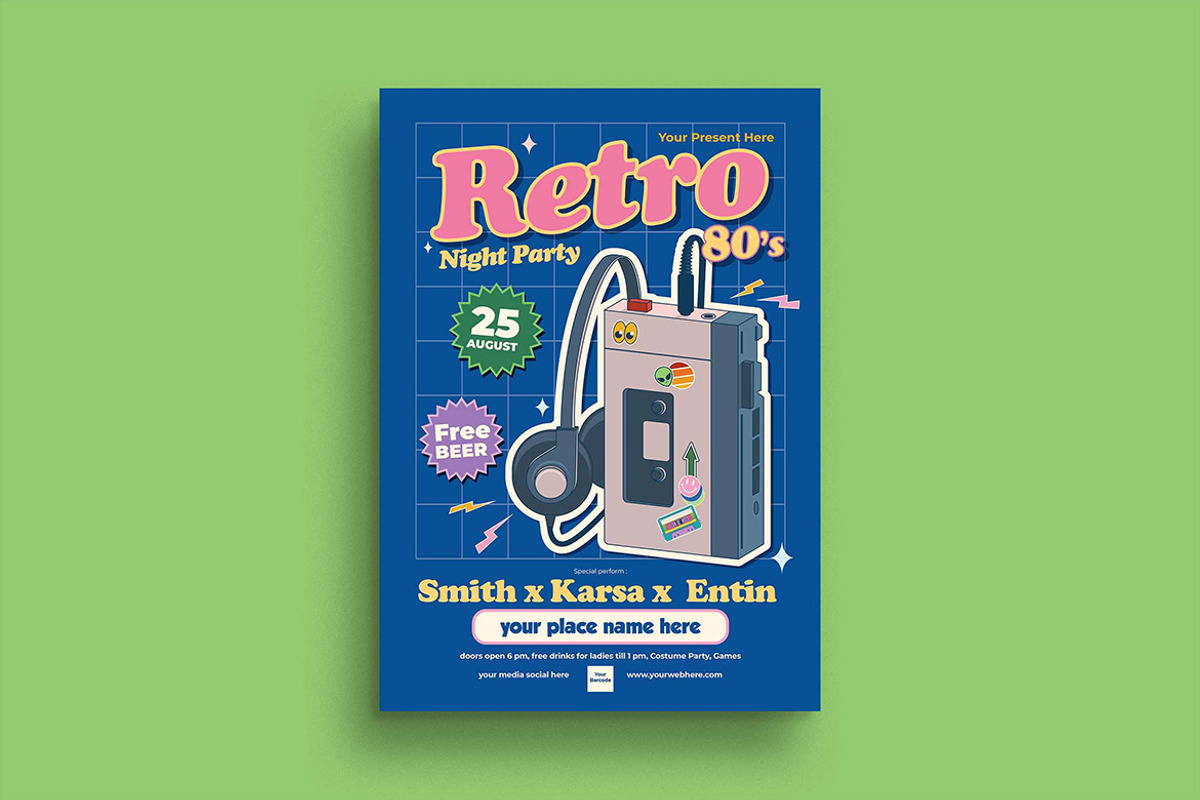 Blue Retro 80s Party Flyer, a Flyer Template by megarez (Photo 2 of 3)