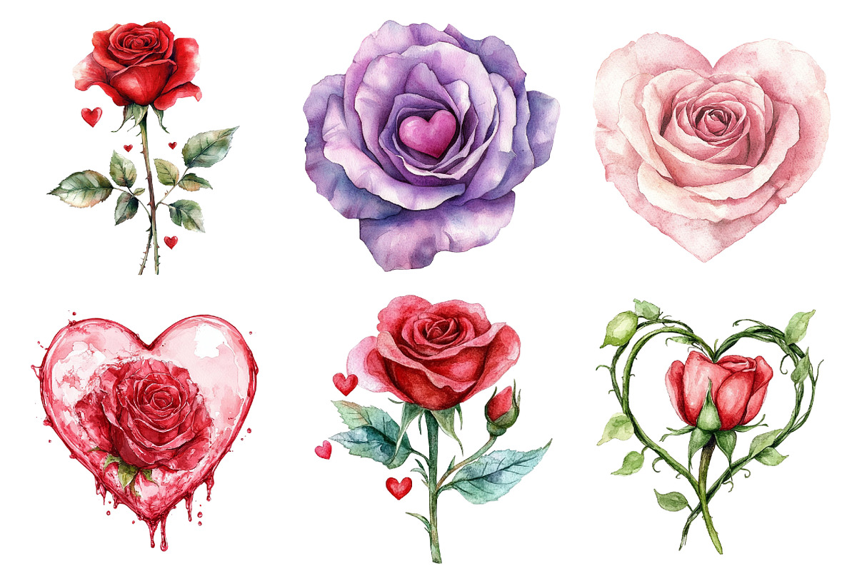 Valentine watercolor roses & hearts, a Seasonal Illustration by CitraGraphics (Photo 5 of 6)