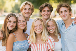 Six teenagers gathering closely, smiling while outdoors on a sun, a Person Photo by Studio ANNA