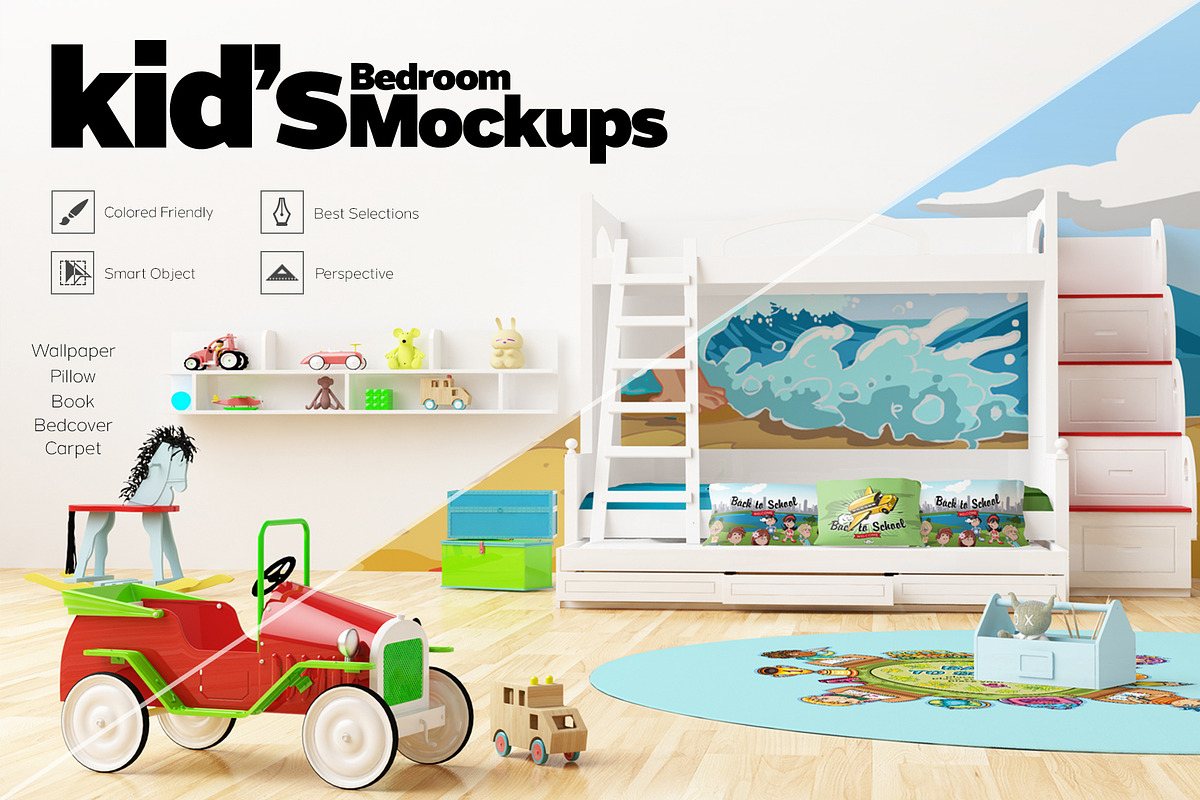 KID'S Bedroom Set Interior Mockups, a Books & Magazine Mockup by Kongkow (Photo 1 of 9)