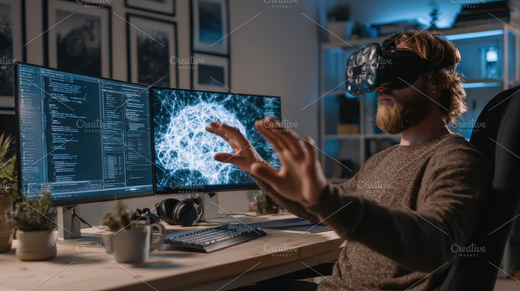 Man using VR headset interacts with, a Photo by Pixeness Studio