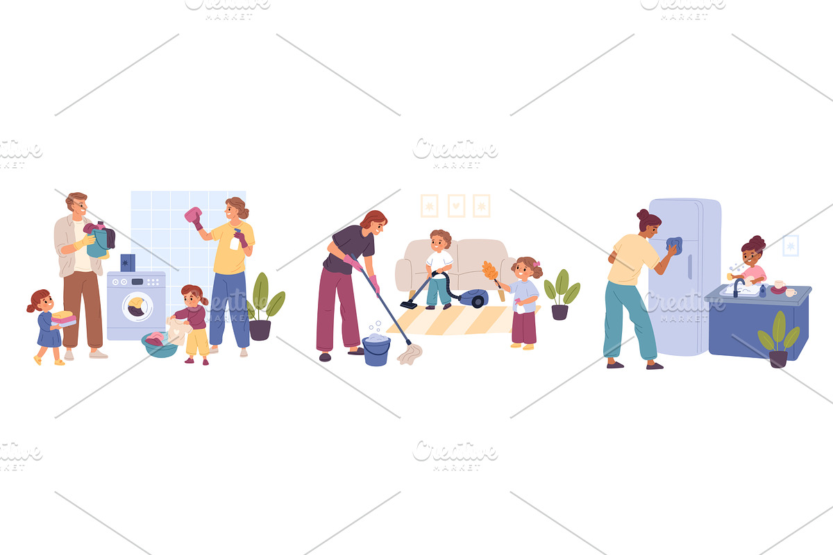 Happy family cleaning house. Funny, a Person Illustration by YummyBuum