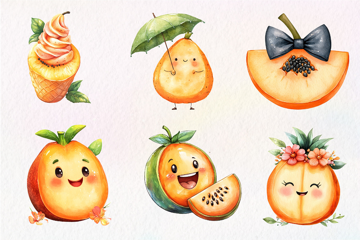 Watercolor Papaya Fruit Clipart,, an Illustration by CreationArt (Photo 3 of 9)