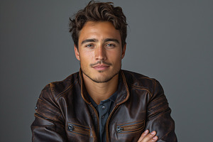 A confident young man with wavy hair and a brown leather jacket, exuding a rela, a Person Photo by ImageMir