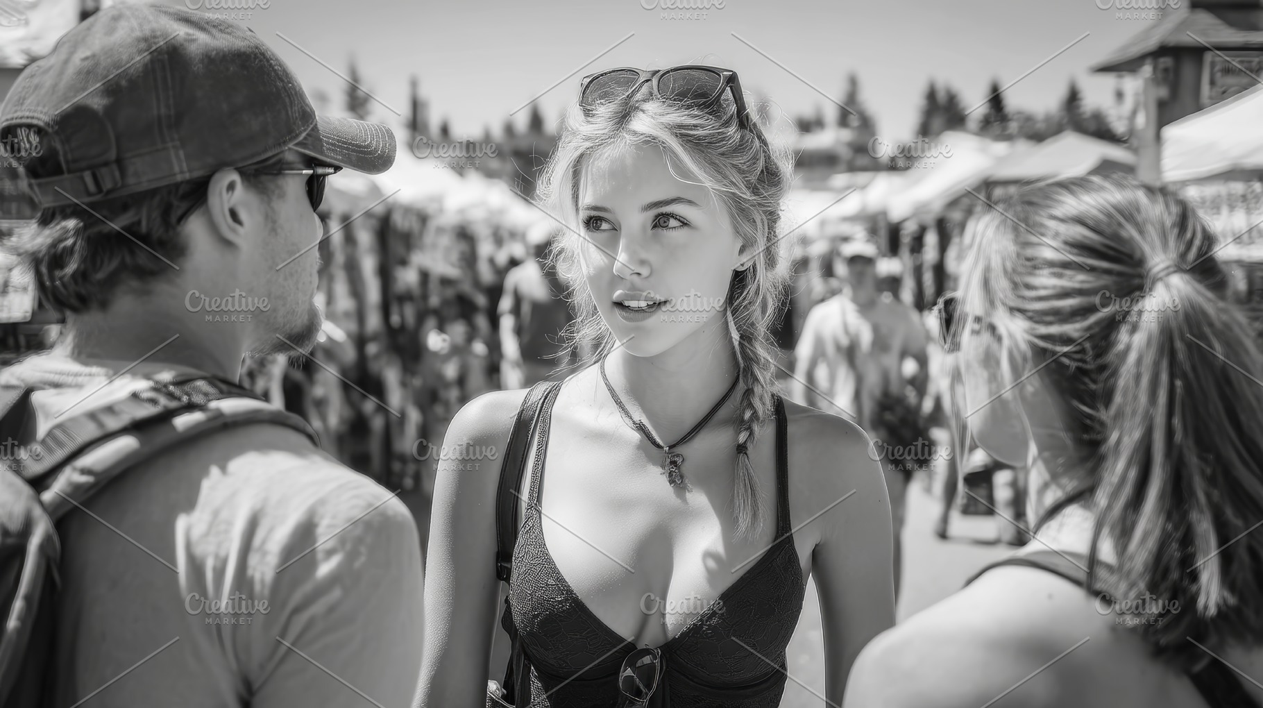 Group of friends conversing outdoors at a vibrant farmers market, a Photo by AS photostudio