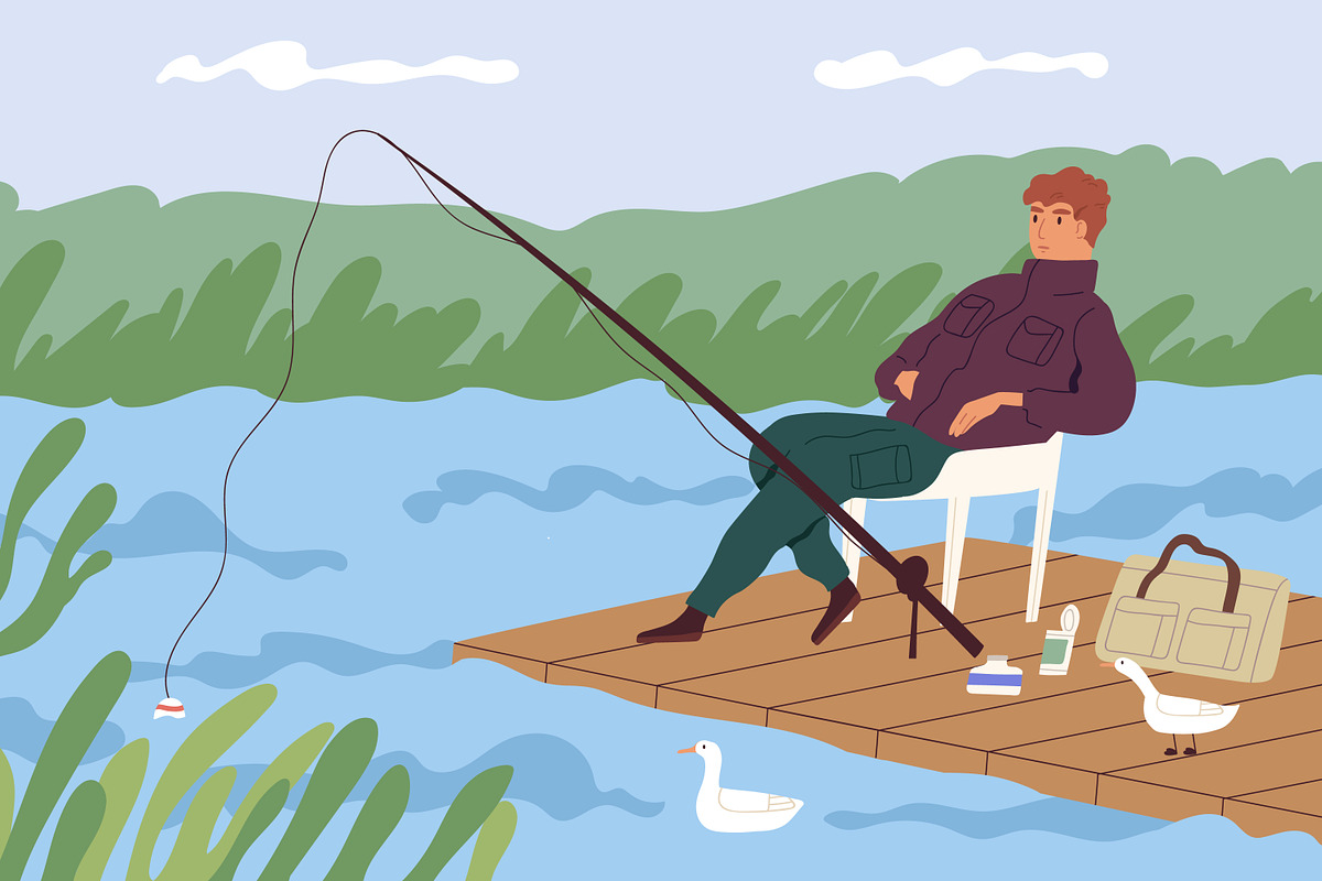 Man fishing on dock in nature, a Person Illustration by Good Studio (Photo 2 of 3)