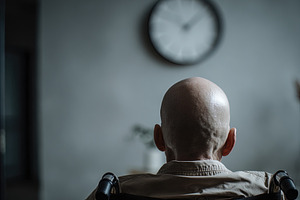 Back view of a bald elderly person in a wheelchair facing a blur, an Animal Photo by Ales Munt