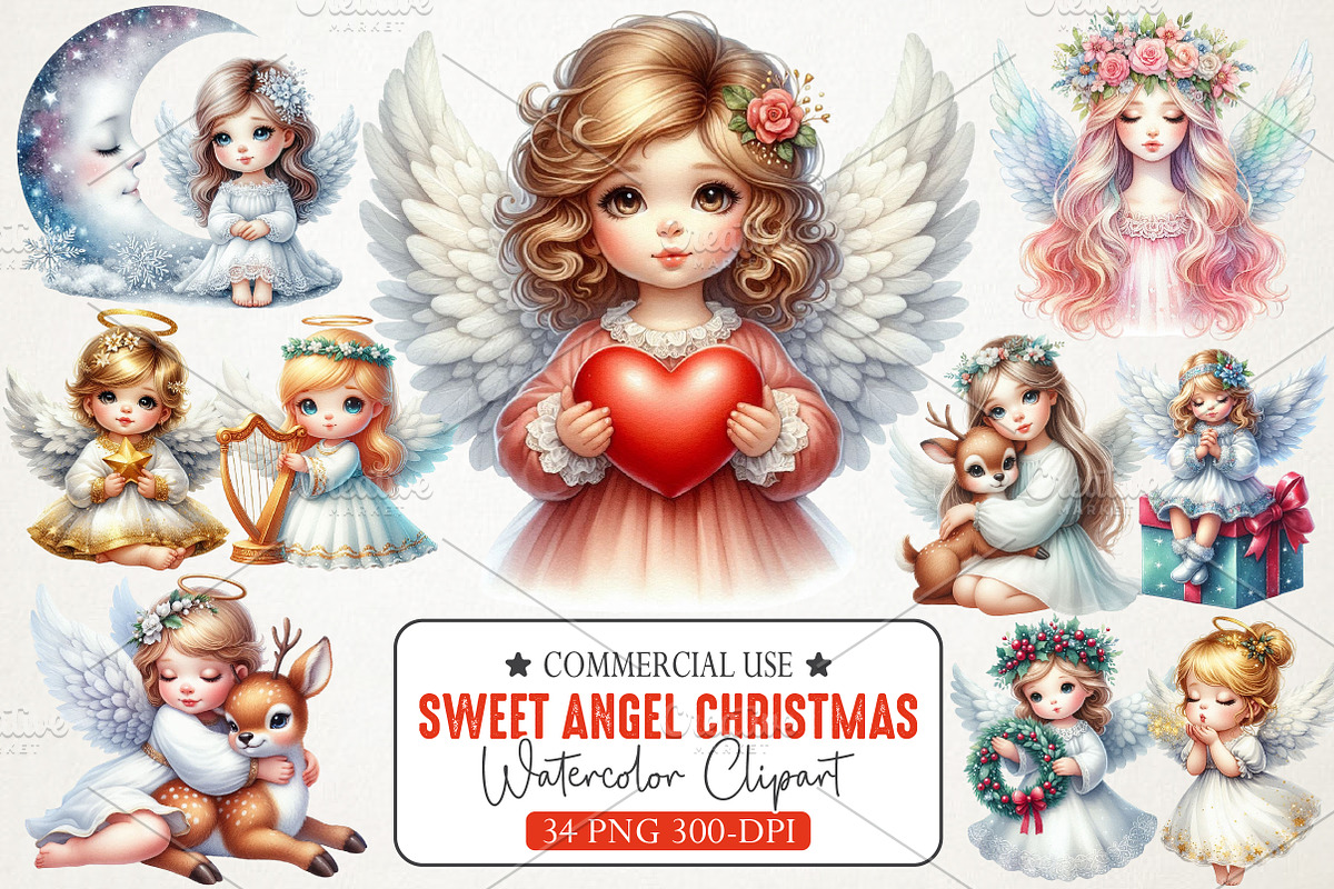 Sweet Angel Christmas Watercolor Png, an Illustration by RobertsArt (Photo 1 of 5)