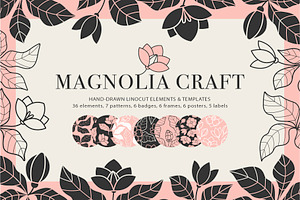 Hand-Drawn Magnolia. Linocut set