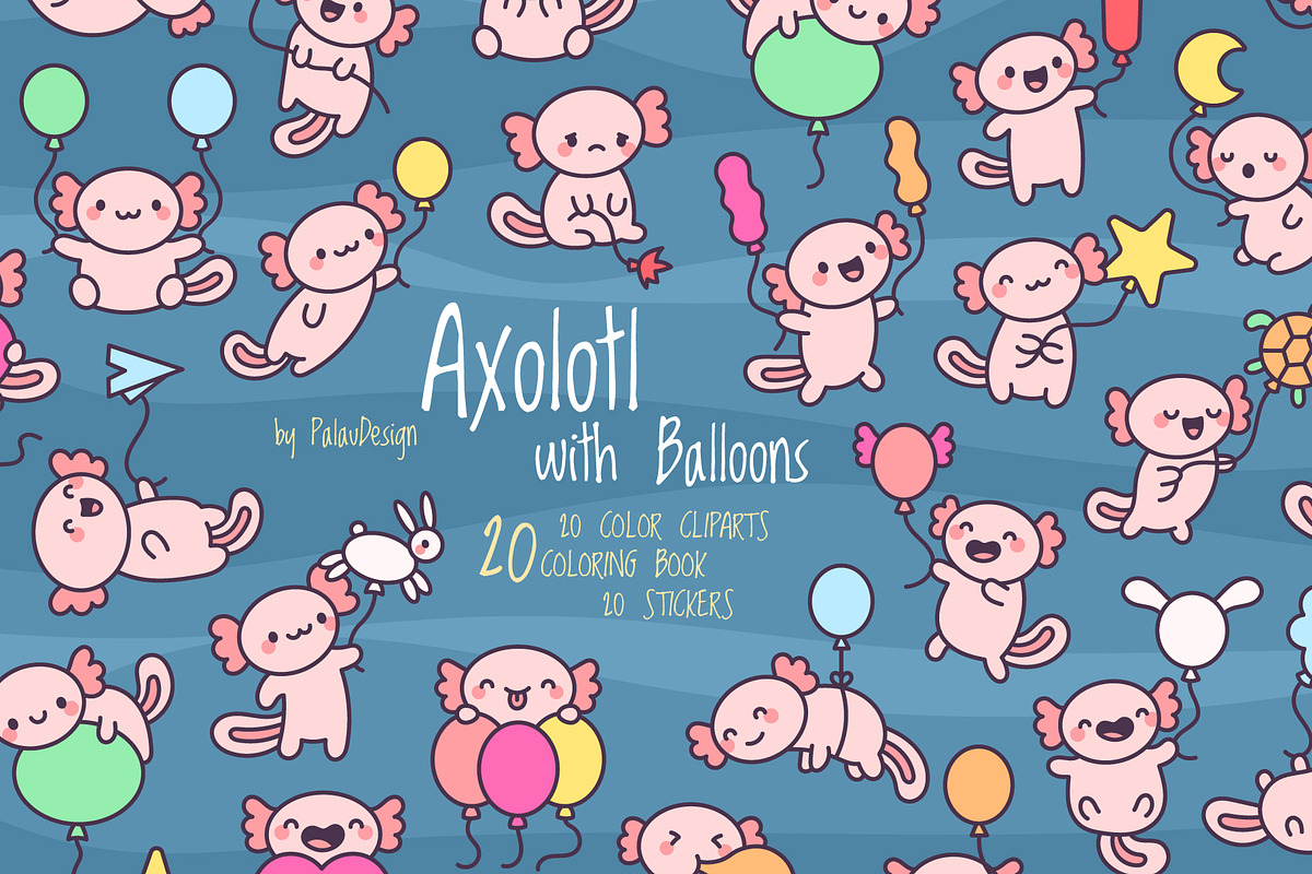 Kawaii Axolotl with Balloons, an Animal Illustration by Palau (Photo 1 of 12)