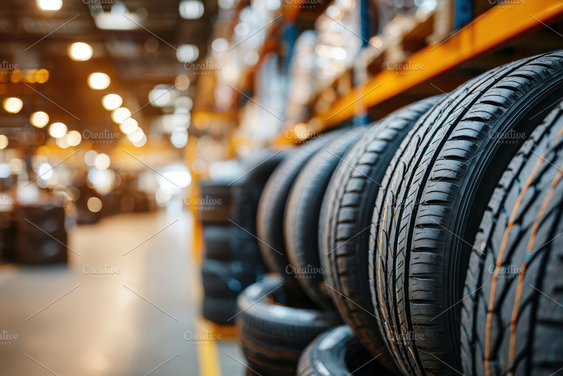 New tires stacked in a warehouse, a Transportation Photo by AlyaAnd