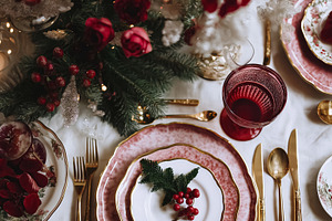 Festive Christmas table setting with elegant pink plates, red berries, fir bran, a Food & Drink Photo by Anneleven
