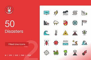50 Disasters Filled Line Icons, an Icon by IconBunny