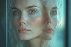 A striking portrait of a young Caucasian woman with ethereal features, creating, a Background Photo by ImageMir