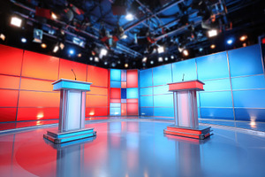 Modern debate stage with podiums, an Abstract Photo by AlyaAnd