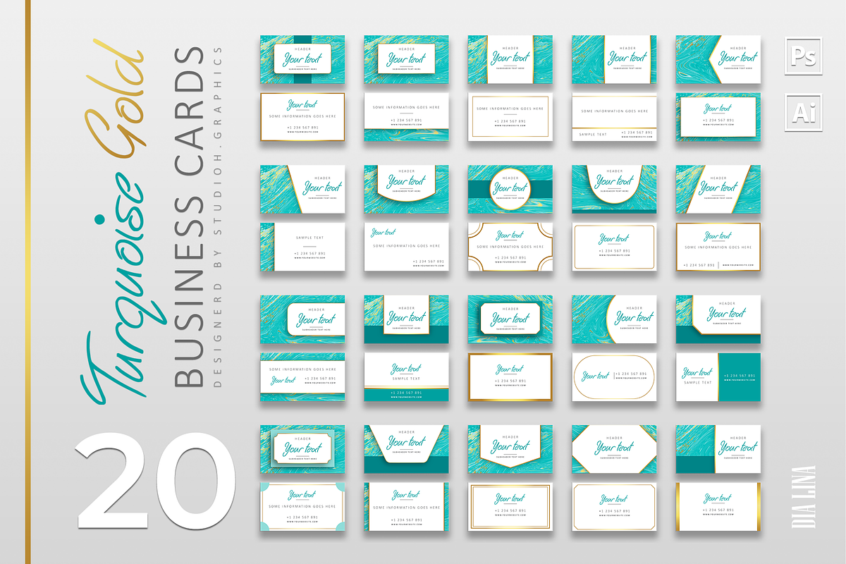 20 Turquoise-Gold Business Cards, a Business Card Template by Dia Lina